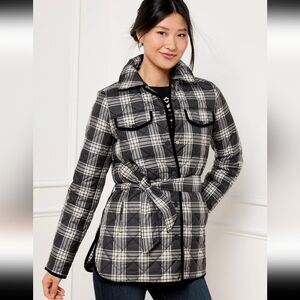 Talbots Womens Shirt Jacket Tie Waist Quilted Traditional Plaid Puffer Coat XLP